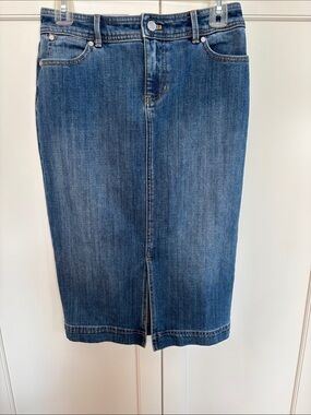 Vintage Talbots Blue Denim Midi Pencil Skirt with Front Vent Size 2P